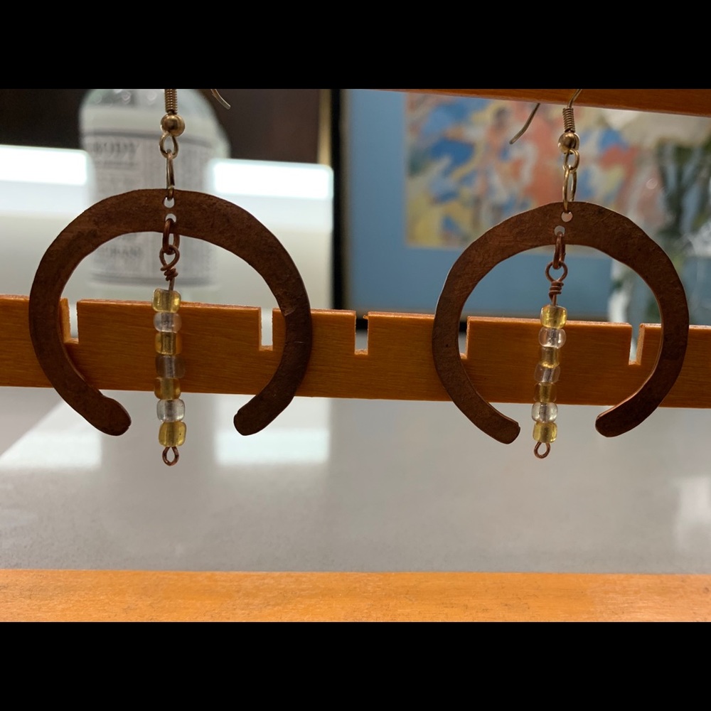 Copper Hoop Earrings Crescent Moon Crystals